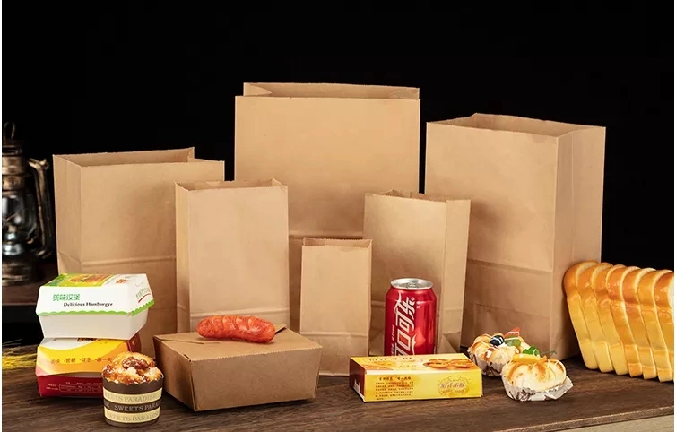 Custom Takeaway Food Packaging Flat Square Bottom Grease Proof Brown Kraft Paper Bags Handle Brown Kraft Paper Bag with No Handle