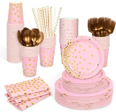 Pratos de papel rosa Decorlife servem 50, pratos de festa e canudos incluídos para suprimentos de festa de aniversário rosa e dourado, total de 400 peças
